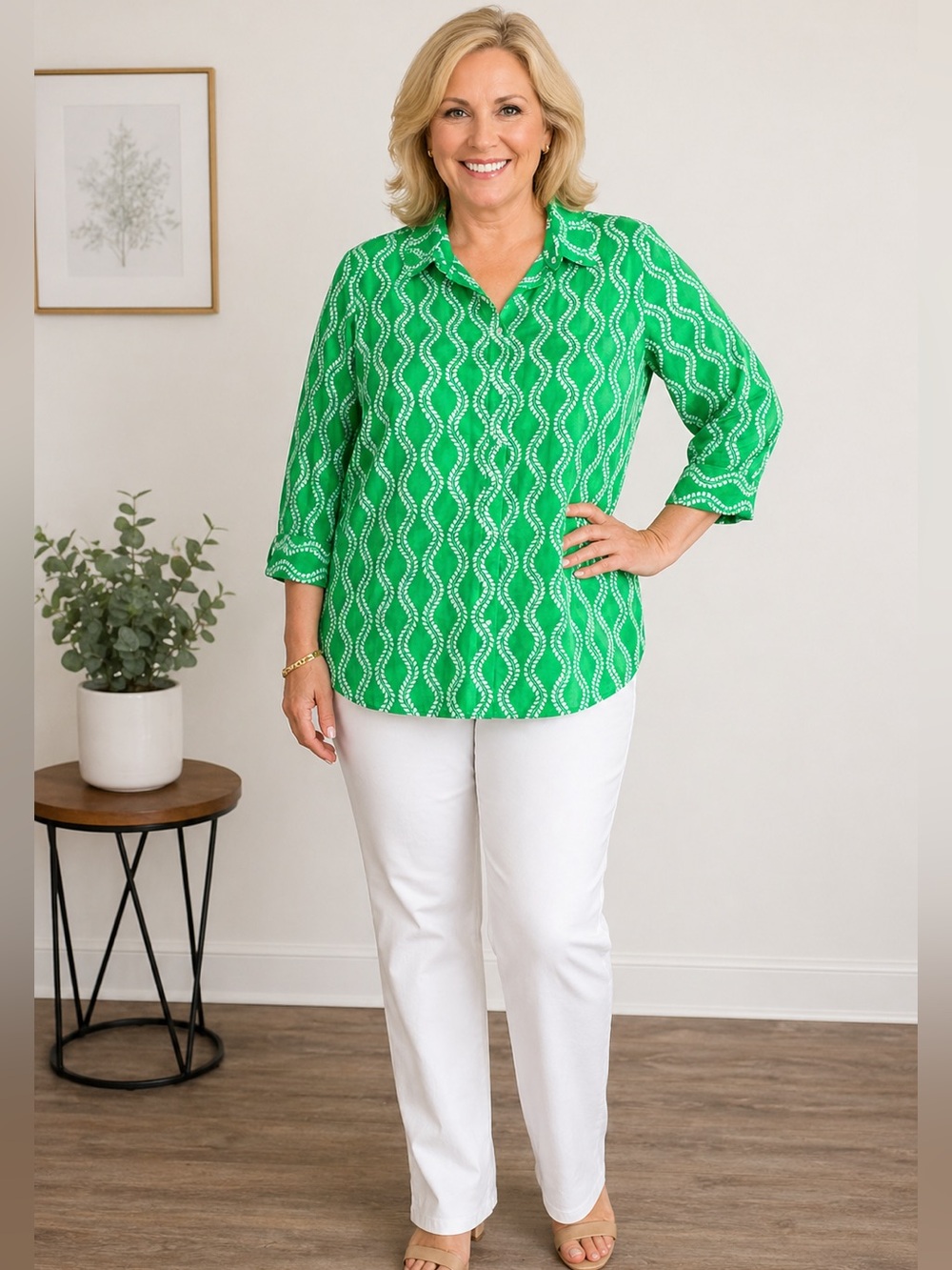 Talbots Woman 2X Green White Print Button Front Blouse Cotton Plus Size Top
